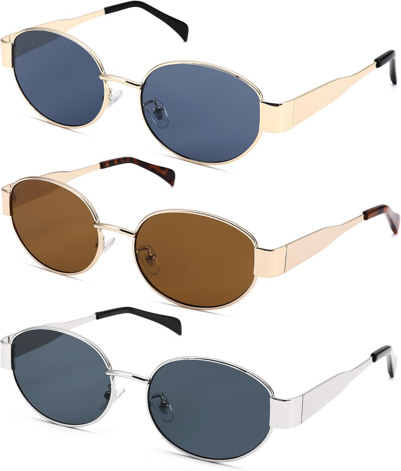 

Солнцезащитные очки LIU·WEN Retro Oval для женщин, комплект из 3 штук - модные солнцезащитные очки в классической металлической оправе, A2 Gold/Grey + Gold/Brown + Silver/Grey