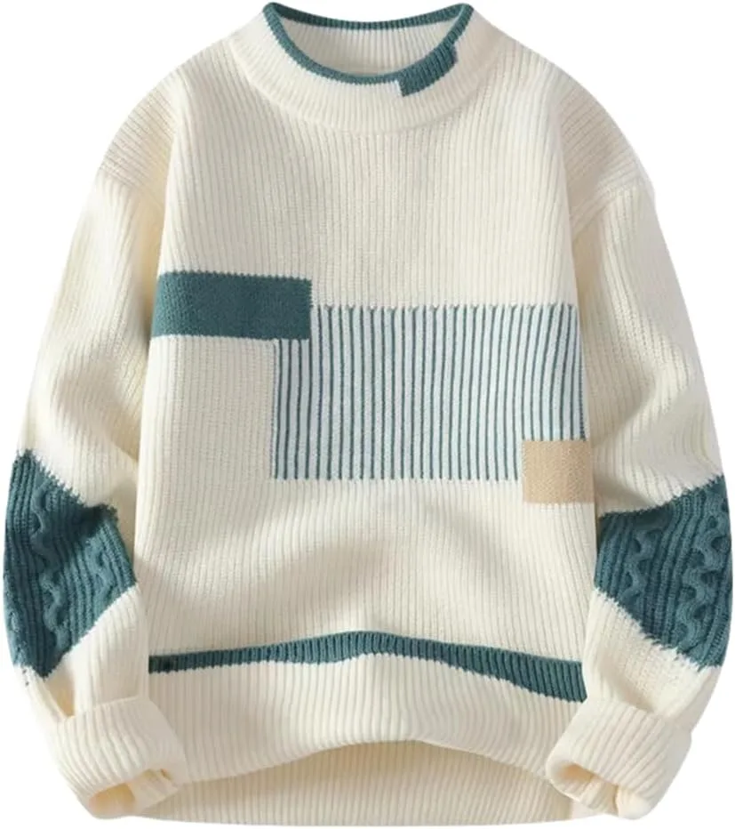 

Свитер Lunoakvo Men Patchwork Knit Pullovers Casual Colorblock Cable Knitted Thick Warm Loose