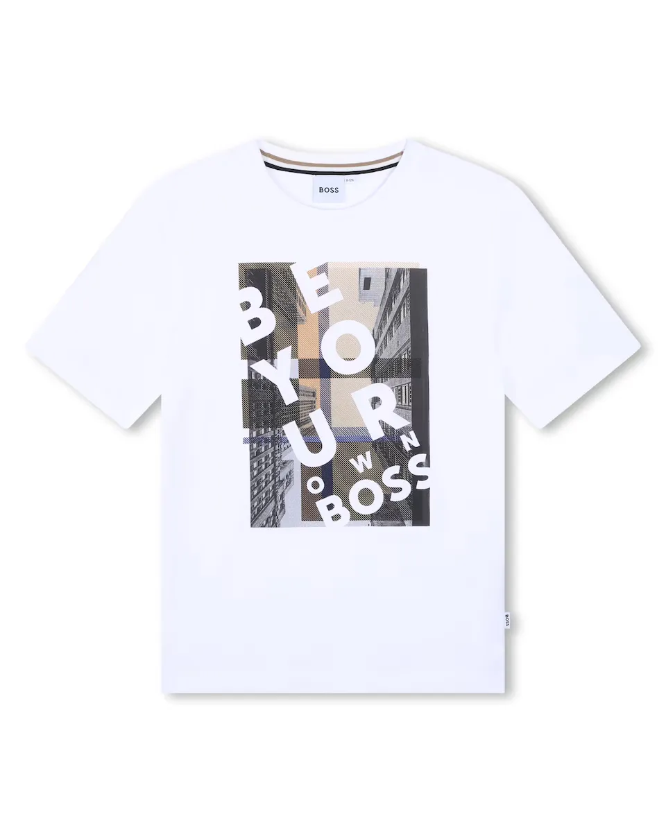 

Футболка для мальчика из 100% хлопка с рисунком спереди BOSS Kidswear, белый