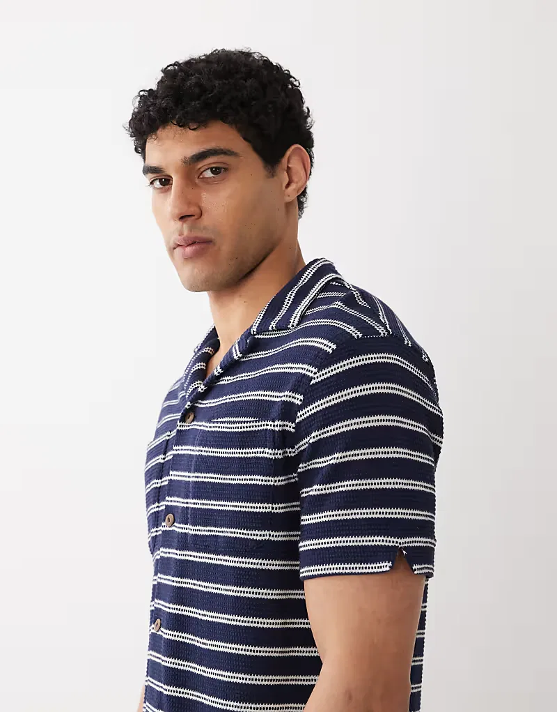 Вязаная полосатая рубашка Polo Ralph Lauren с короткими рукавами, темно-синий/кремовый — фото 4