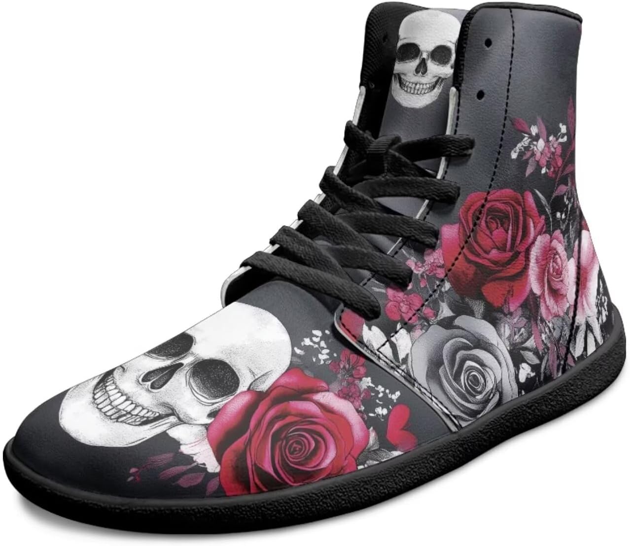 

Готические кроссовки с черепом без каблука для мужчин и женщин, высокие повседневные спортивные кроссовки для ходьбы, противоскользящие, с нулевым перепадом, модные кеды Chririnla, розовый