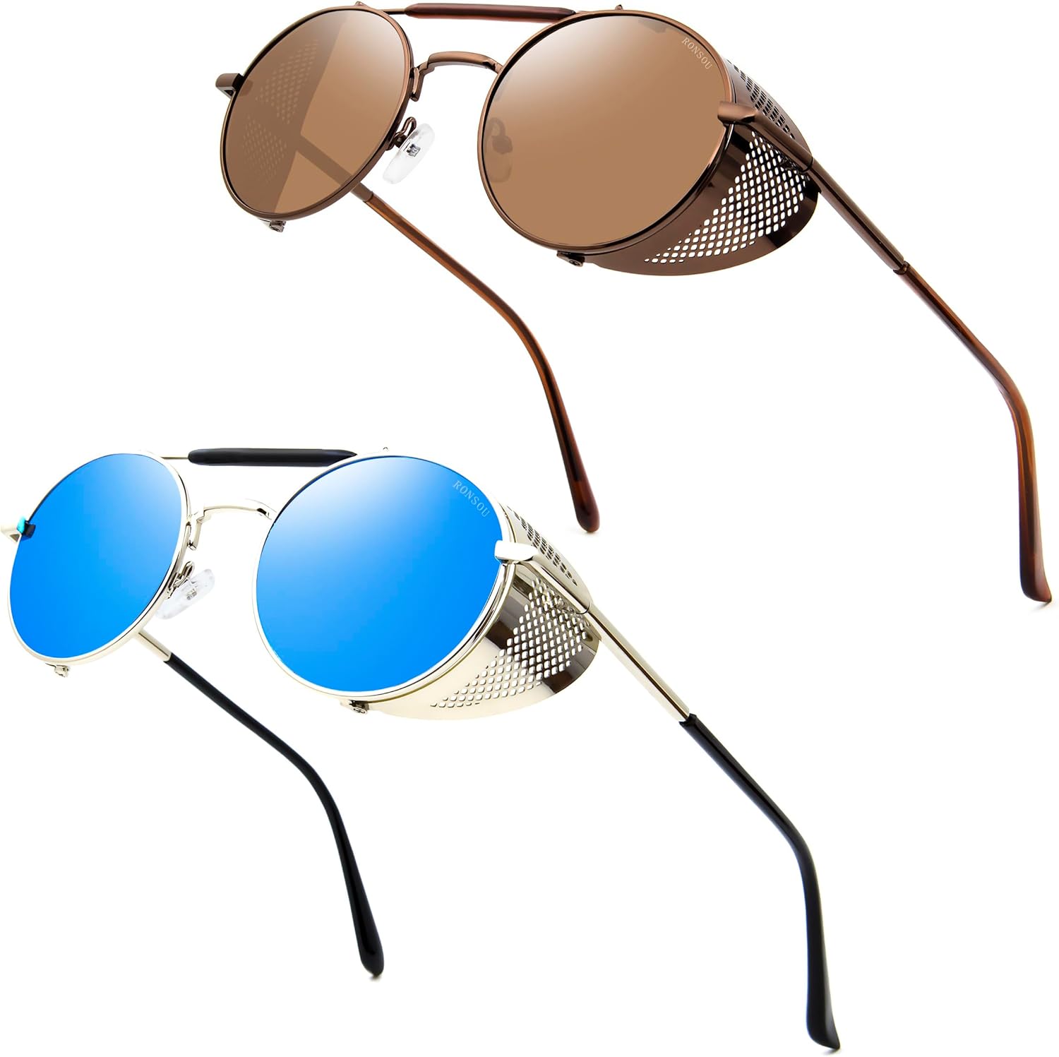 

Солнцезащитные очки RONSOU в стиле стимпанк, круглые, винтажные, поляризованные, ретро, ​​защита UV400, металлическая оправа, A14 2pcs Silver Frame Blue Lens + Brown Frame Brown Lens (Both Non Polarized)