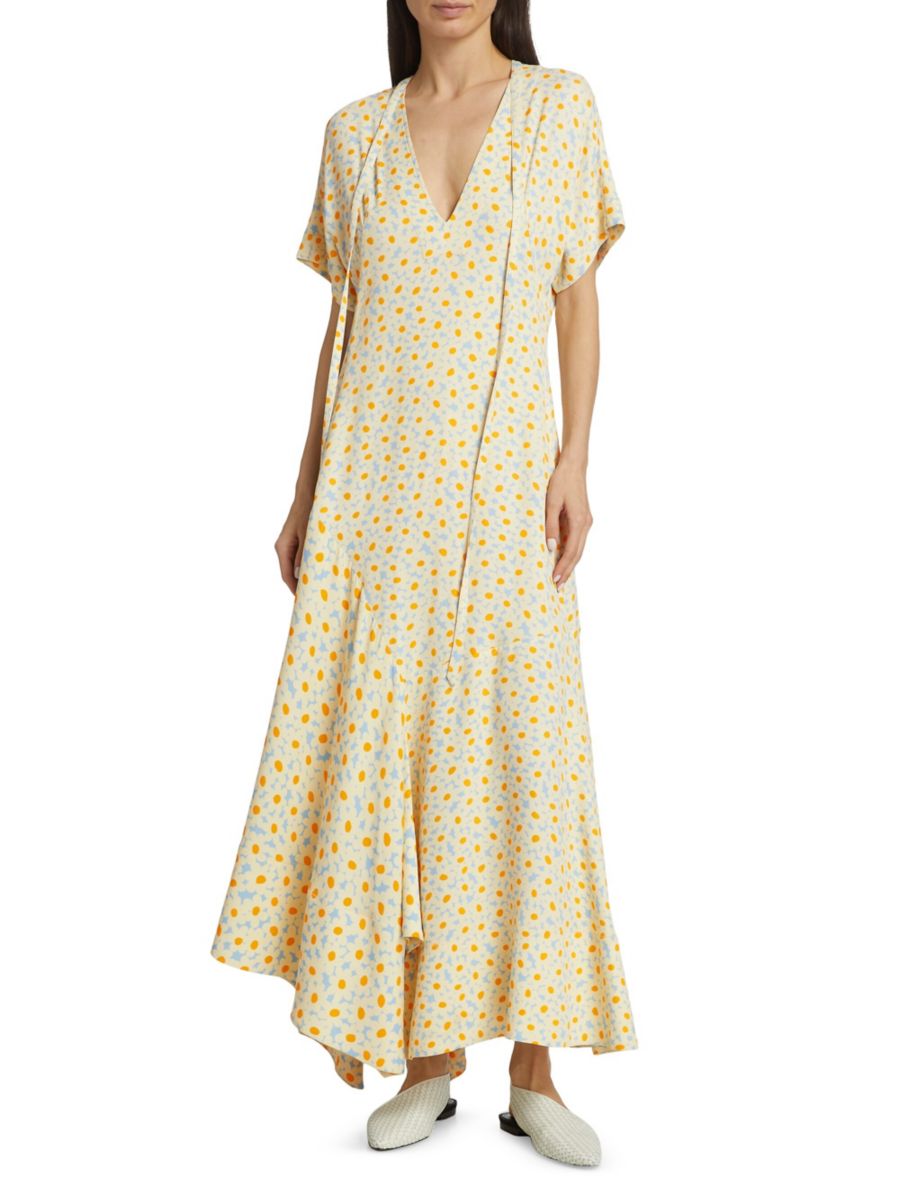 

Платье макси с V-образным вырезом и принтом ромашек Co, синий мульти