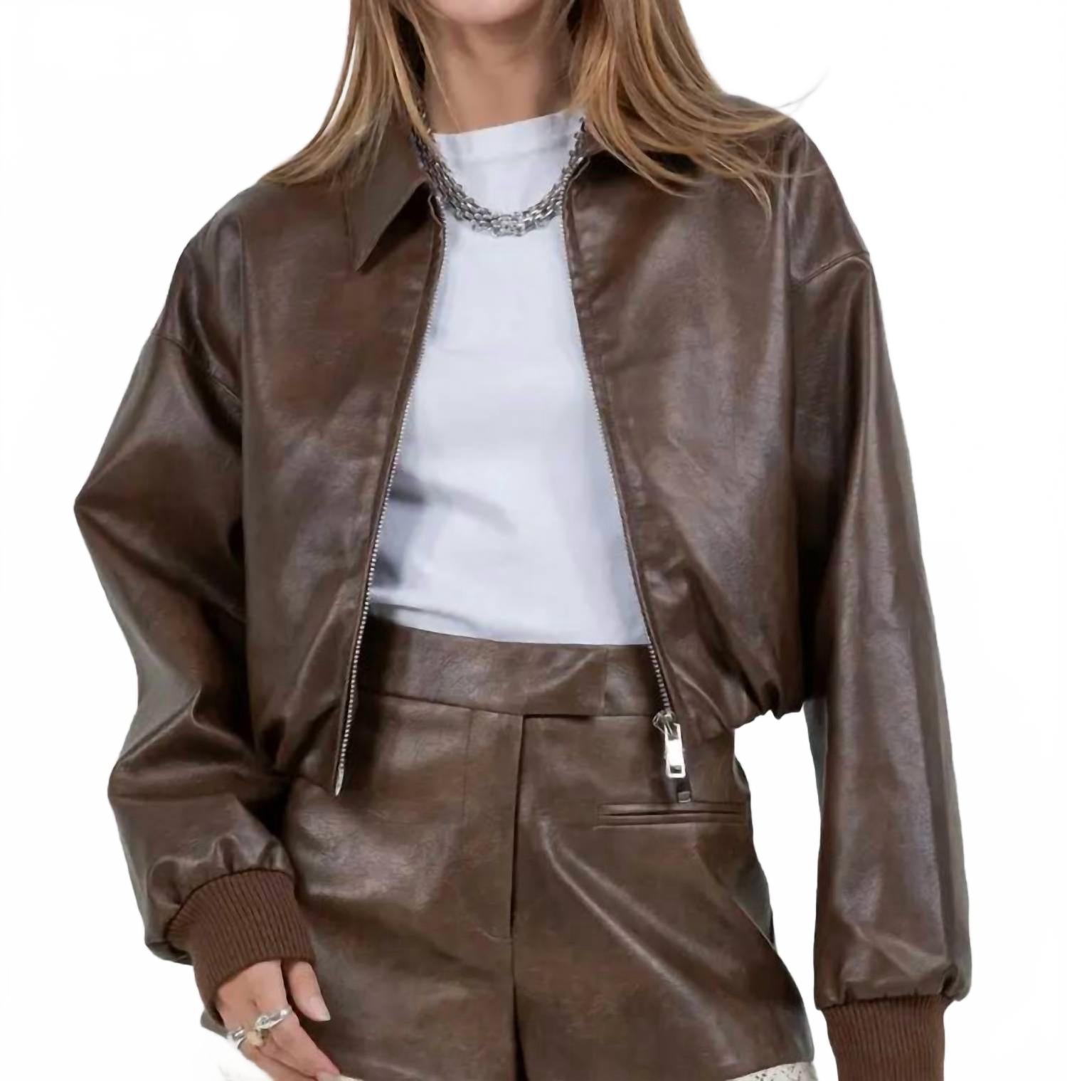 

WHITEROOM+CACTUS Мотоциклетная куртка из искусственной кожи на молнии, темно-коричневого цвета