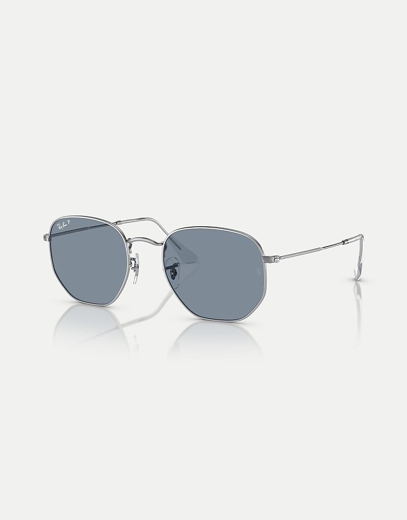

Ray-Ban — серебряные плоские поляризационные солнцезащитные очки неправильной шестиугольной формы с синими линзами
