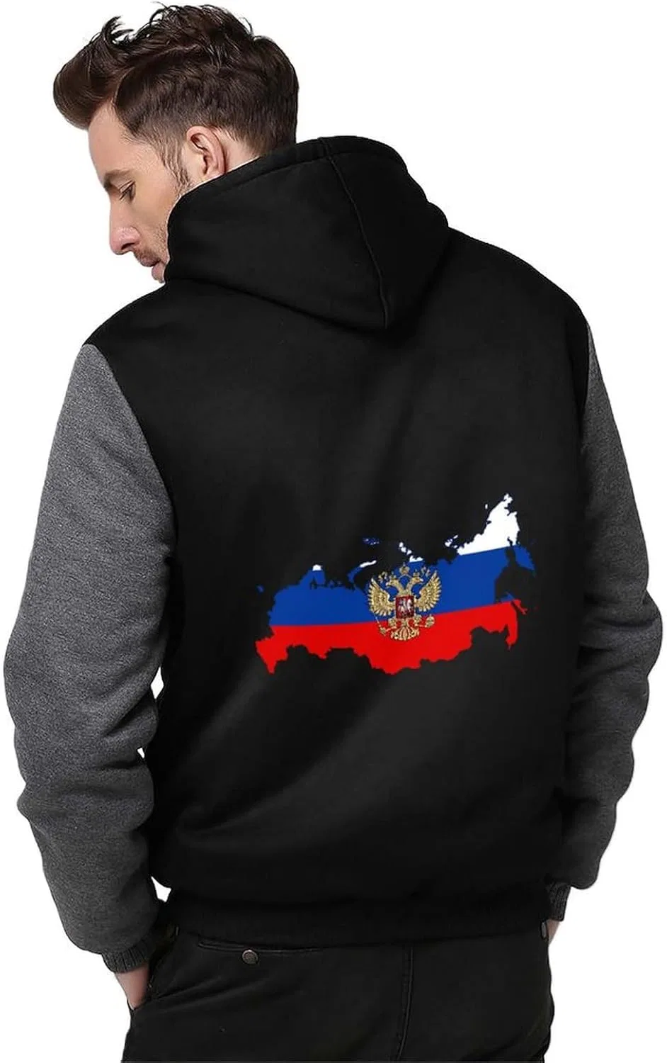 Теплая мужская толстовка с капюшоном и картой России «Русский орел», толстовка из плотного флиса, куртка на молнии с карманами, зимняя — фото 2