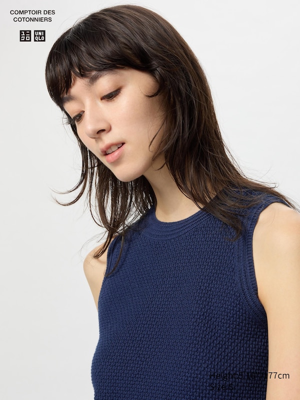 

Короткий джемпер из хлопка с эффектом попкорна (без рукавов) Uniqlo, синий