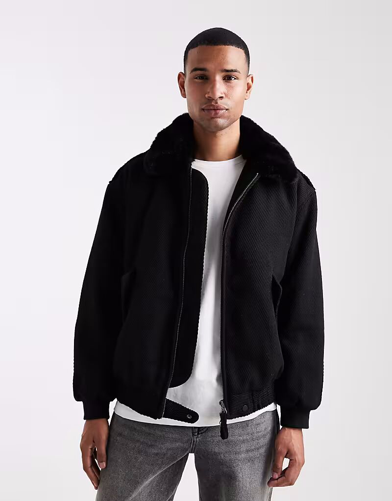 

Куртка-бомбер из искусственной шерсти с воротником из искусственного меха черного цвета Asos Design