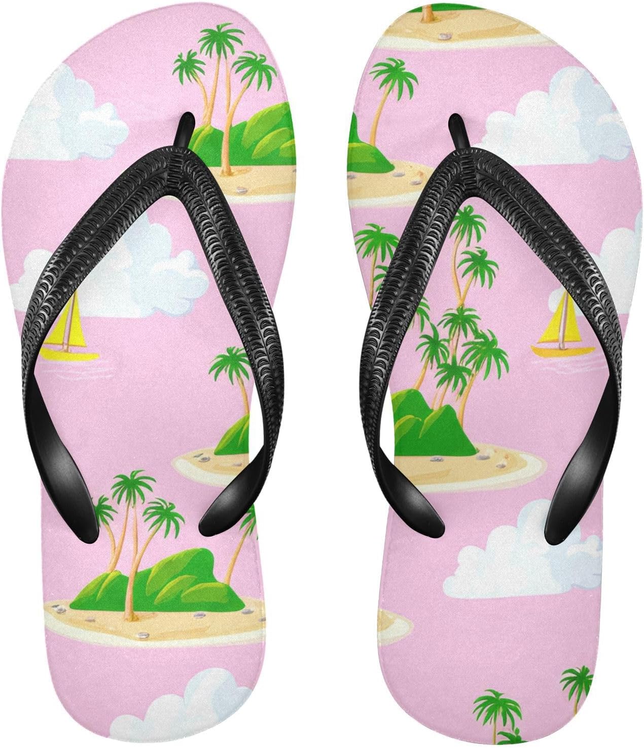 

Шлепанцы с изображением мультяшного острова, парусника, облаков, пляжные сандалии-вьетнамки, резинескользящие летние тапочки для женщин и мужчин Sinestour, Cartoon Island Sailboat Clouds
