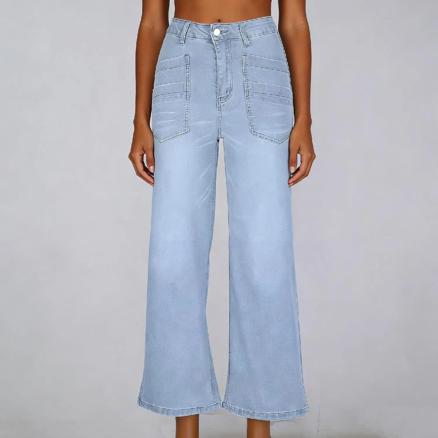 Джинсы свободные, Wide Leg Denim Cropped Pants, Light Blue — фото 2