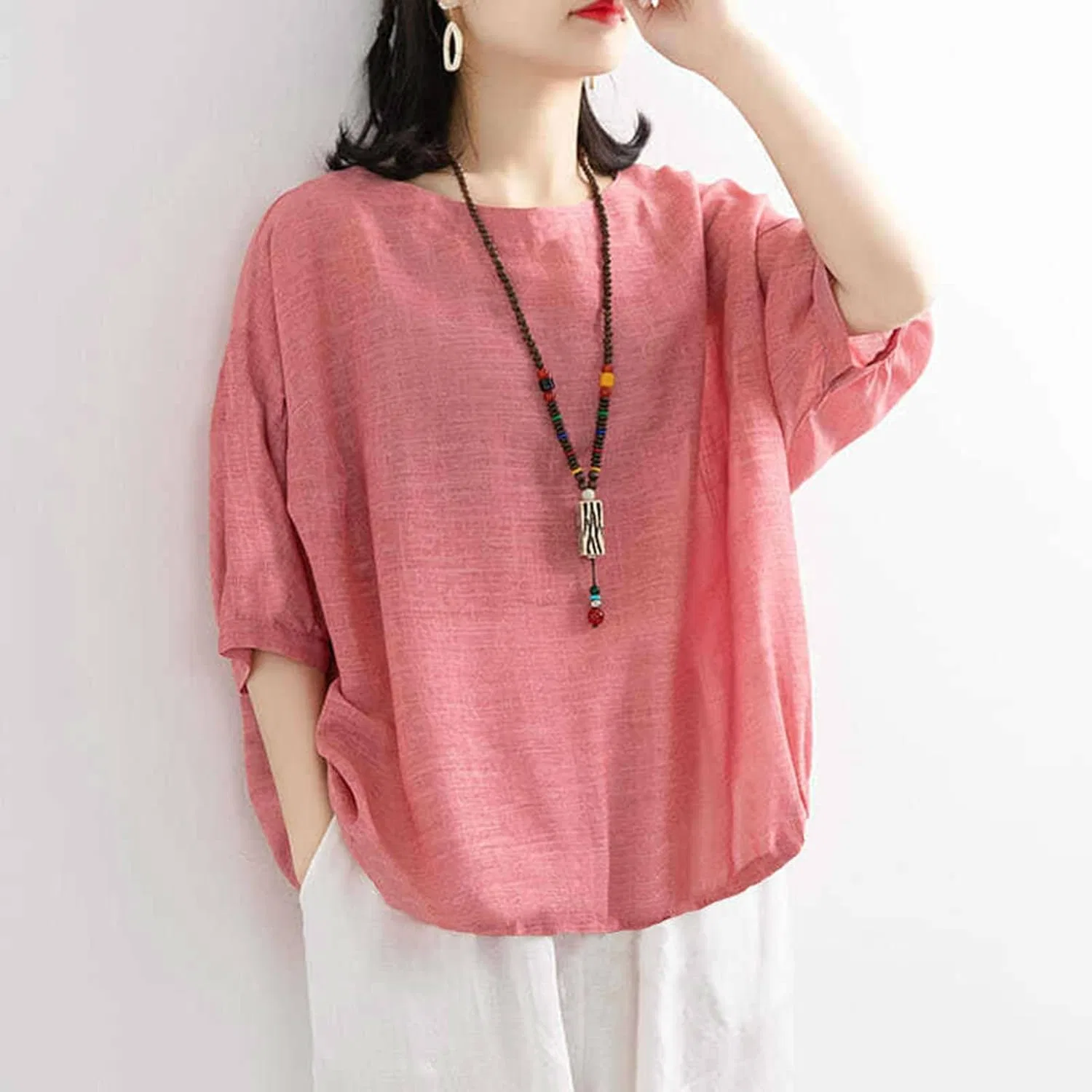 Блуза из хлопка и льна, полурукав, повседневная, розовый — фото 2