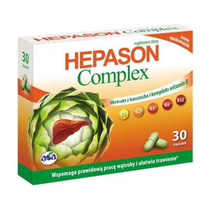 

Hepason Complex Здоровая добавка для печени с артишоком, фолиевой кислотой и витаминами группы В - 30 капсул Asa