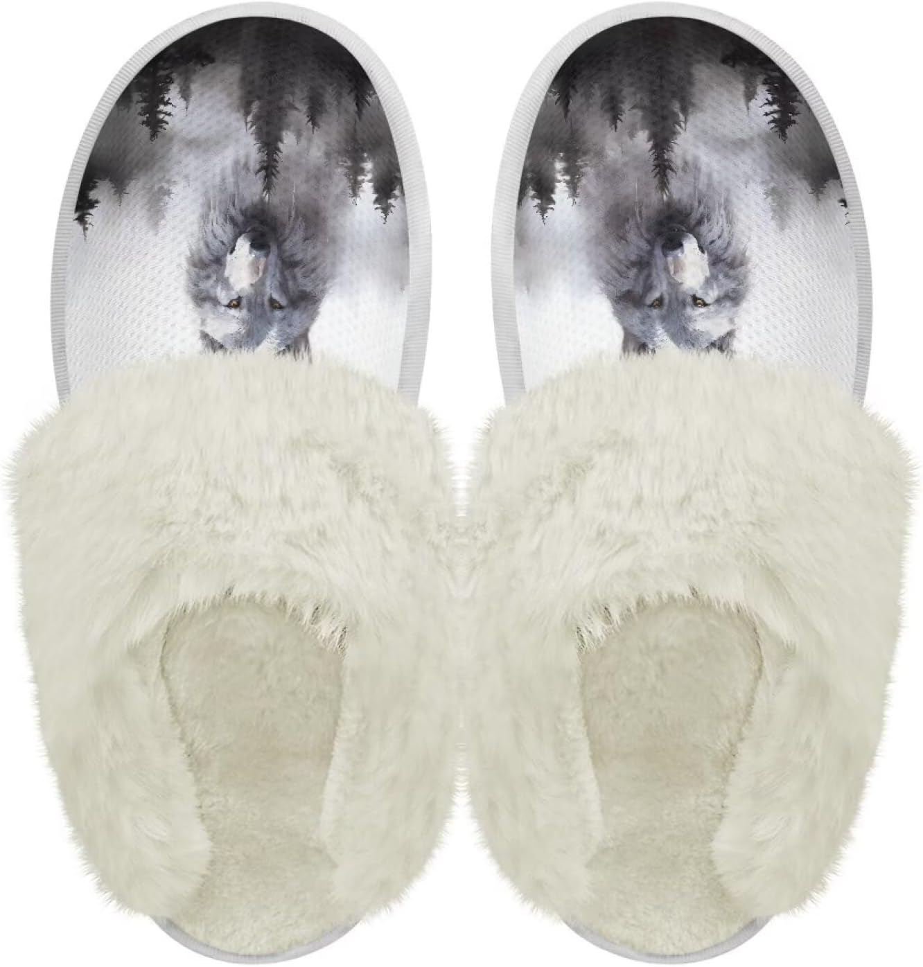 

Хлопковые тапочки PJHEQOXE с пушистыми краями, домашние тапочки для дома и улицы, хлопковые тапочки унисекс, Snow Wolf