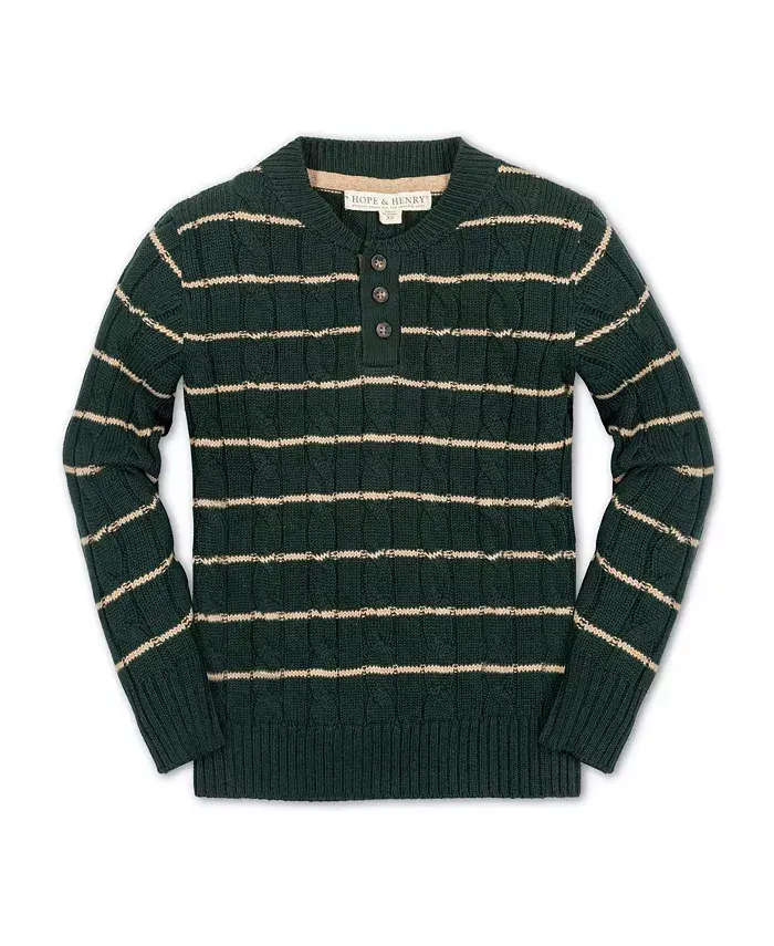 

Мальчиковый органический пуловер с длинным рукавом и ажурным узором хенли с нашивками на локтях Hope & Henry, зеленый