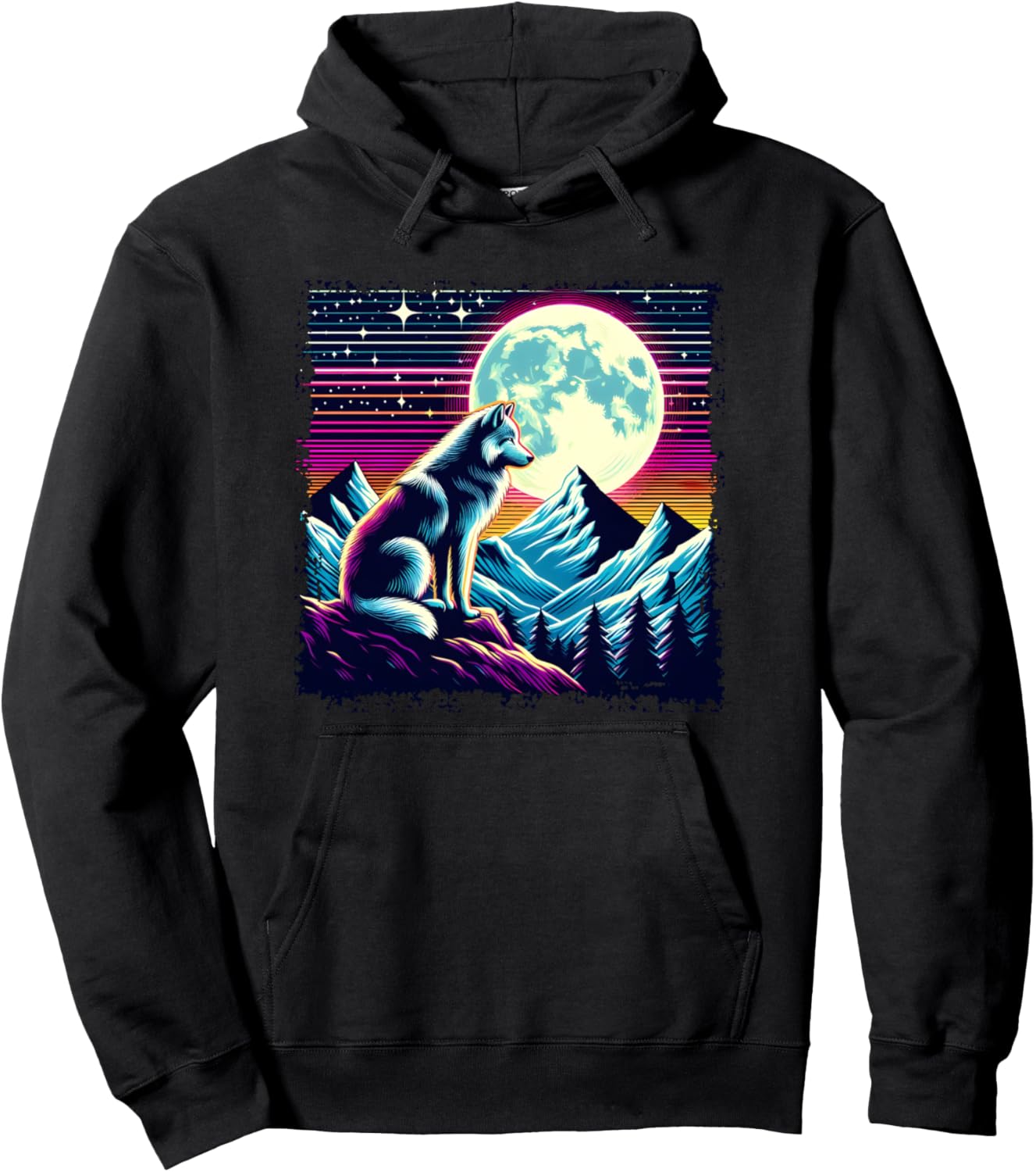 

Худи в стиле ретро «Волк, гора, луна» Retro Moon Gazing Wolf Collection, черный
