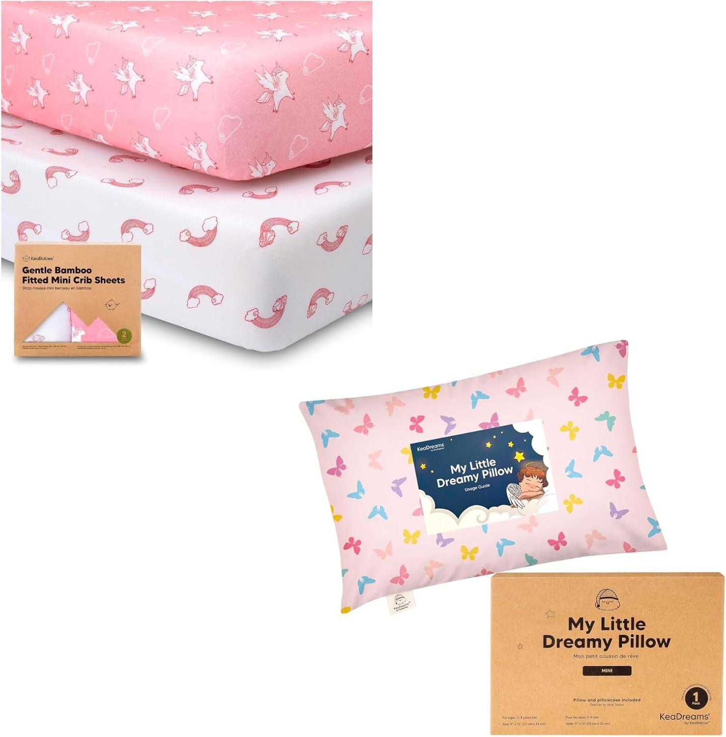 

Kea Babies, 2 мини-простыня для кроватки и мини-подушка для малышей с наволочкой — комплект простыней Pack and Play — мини-подушка My Little Dreamy 9x13 — органическая простыня для детской кроватки для матраса Pack and Play KeaBabies