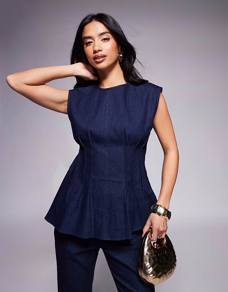 

Топ из денима River Island Petite с защипами, темно-синего цвета