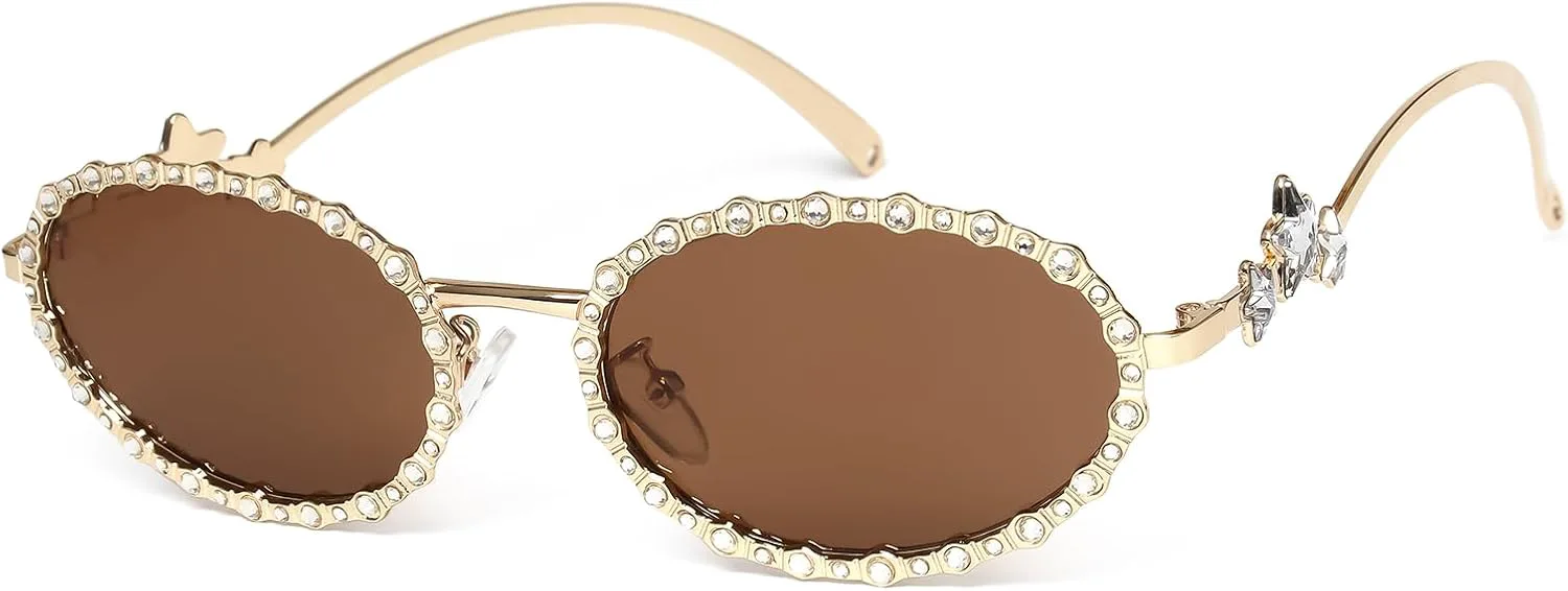 

Женские солнцезащитные очки KENBO Petite со стразами в стиле 90-х, блестящие, в стиле хиппи-диско, модные, для маленького лица, Oval Gold Frame - Brown Lens