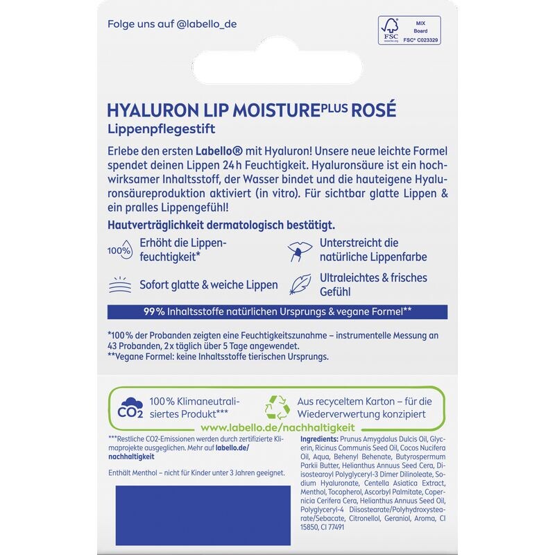 Стик для ухода за губами Hyaluron Lip Moisture розового цвета Labello, 5,2 g — фото 2