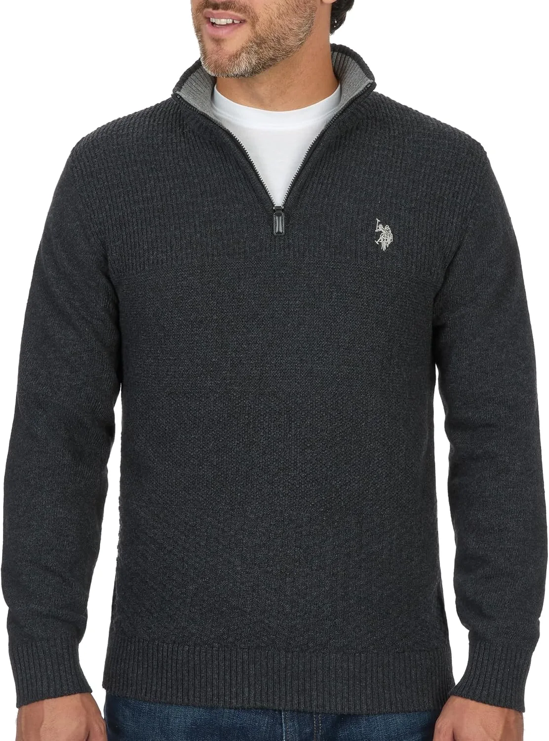 U.S. Polo Assn. мужской свитер с кабельной вязкой и молнией на четверть, Charcoal