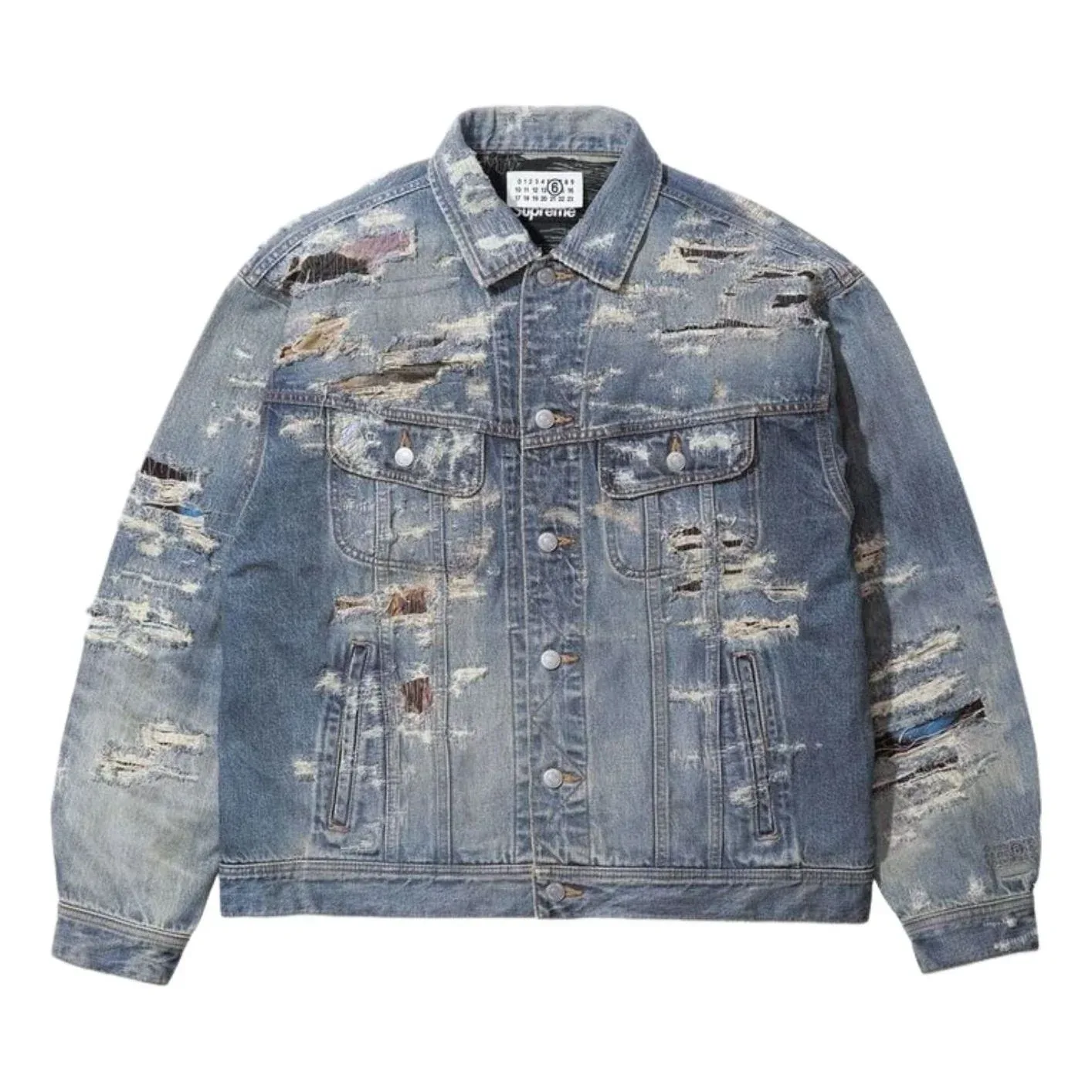 Куртка-тракер Supreme x MM6 Maison Margiela из рваного денима с кромкой 'Washed Indigo', синий