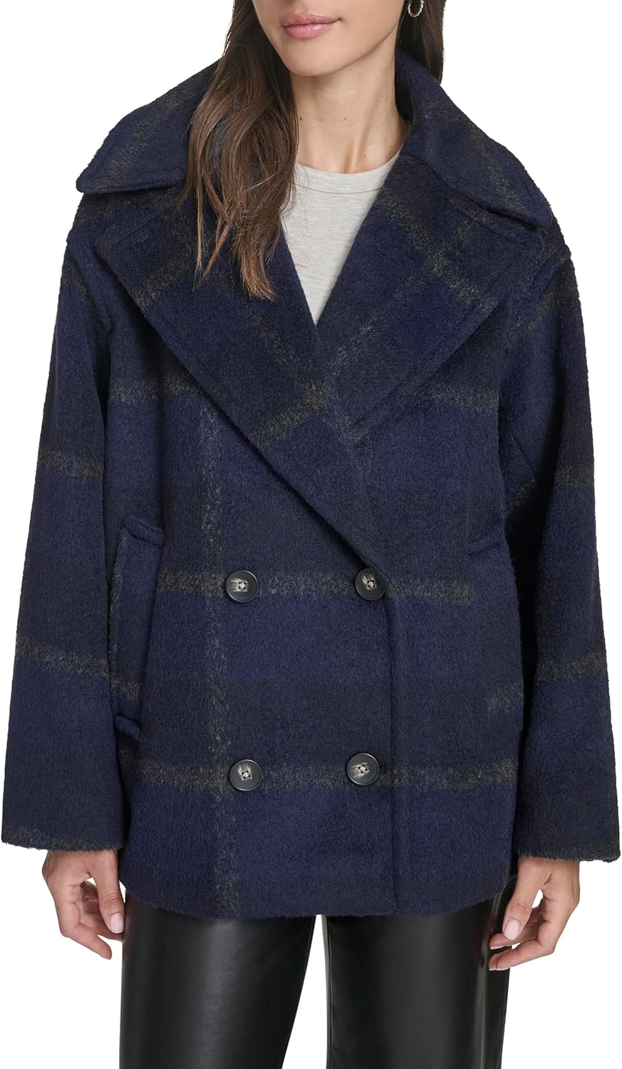 

Женское шерстяное пальто Levi's со съемным воротником из шерпы, Navy Plaid