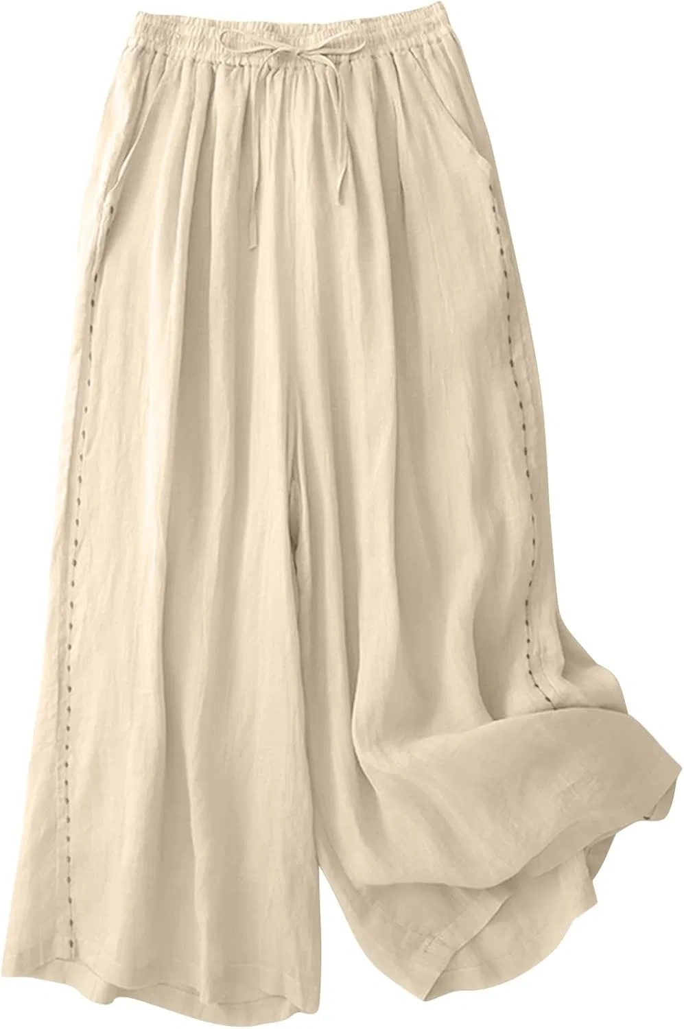 Широкие брюки женские, high waist, богемный стиль, с карманами, A01_beige