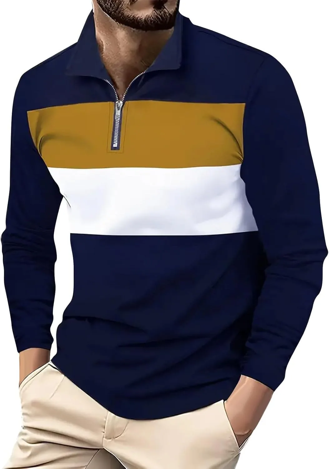 

Wankang мужская поло с молнией на четверть, свободный крой, цветной блок