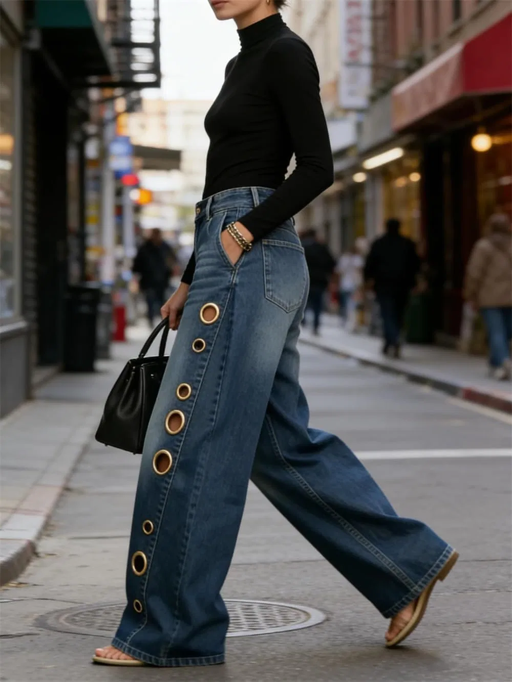 Джинсы с вырезами Wide Leg, Черный — фото 2