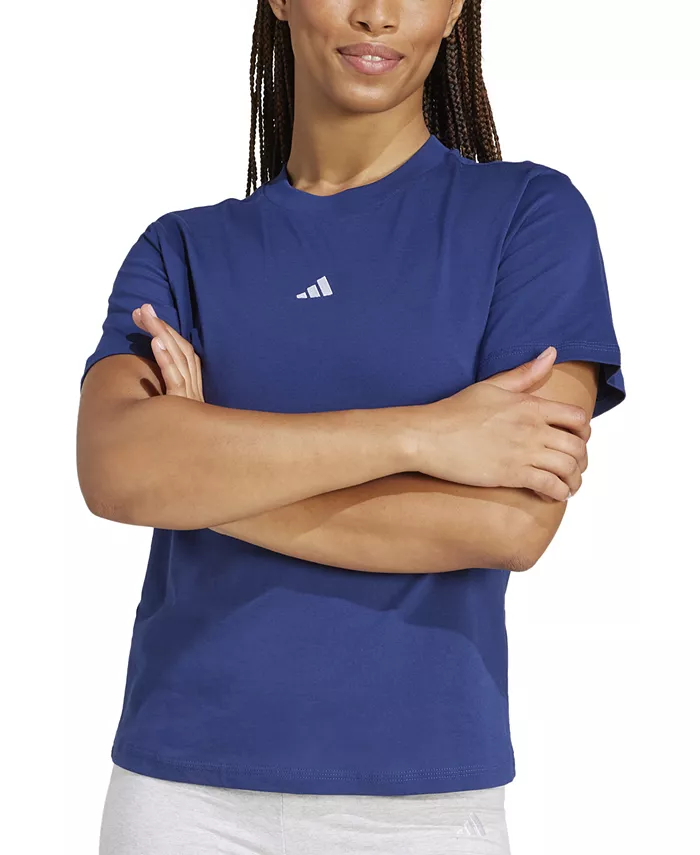Женская хлопковая футболка с коротким рукавом и круглым вырезом с логотипом adidas, синий — фото 3