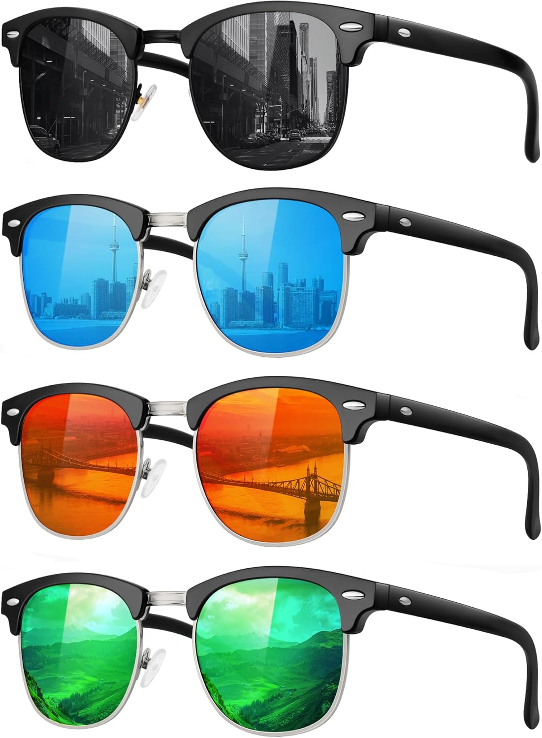 

Классические поляризованные солнцезащитные очки для мужчин и женщин в стиле ретро, ​​полуободковая оправа, 100% защита от УФ-излучения FURISHQI, Bright Black+red Mirror+blue Mirror+ Green Mirror