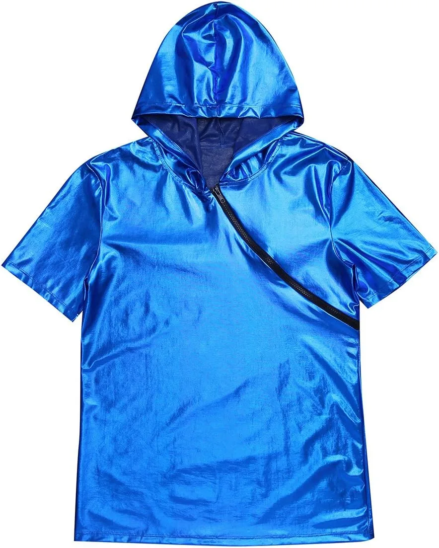 

Мужская блестящая металлическая кожаная толстовка с молнией dPois