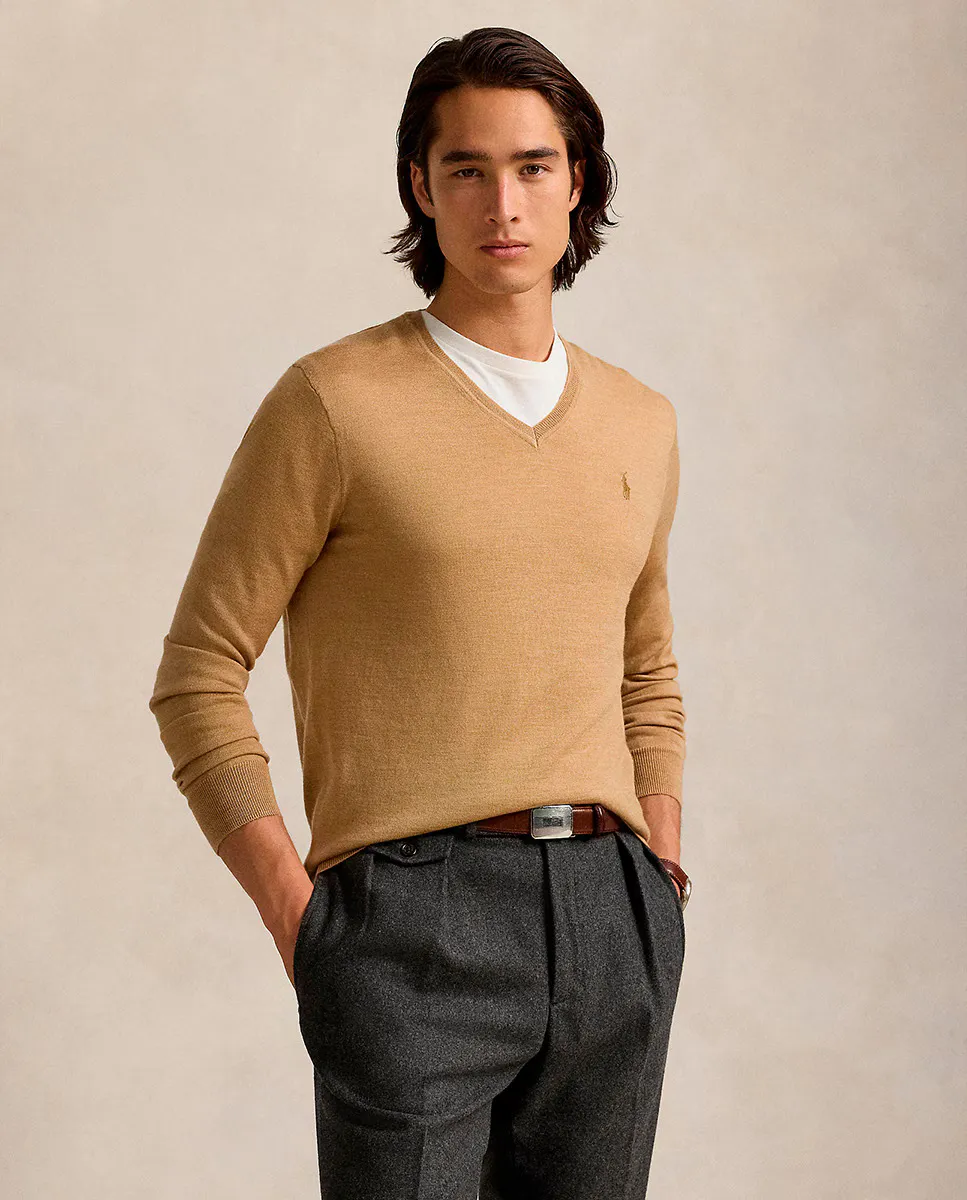 

Мужской свитер из шерсти мериноса с V-образным вырезом Polo Ralph Lauren, цвет Camel