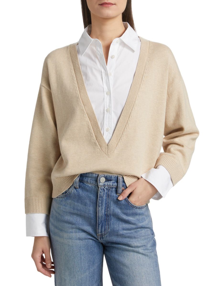 

Свитер 2-в-1 из хлопка и кашемира Rida Derek Lam 10 Crosby, цвет Safari White