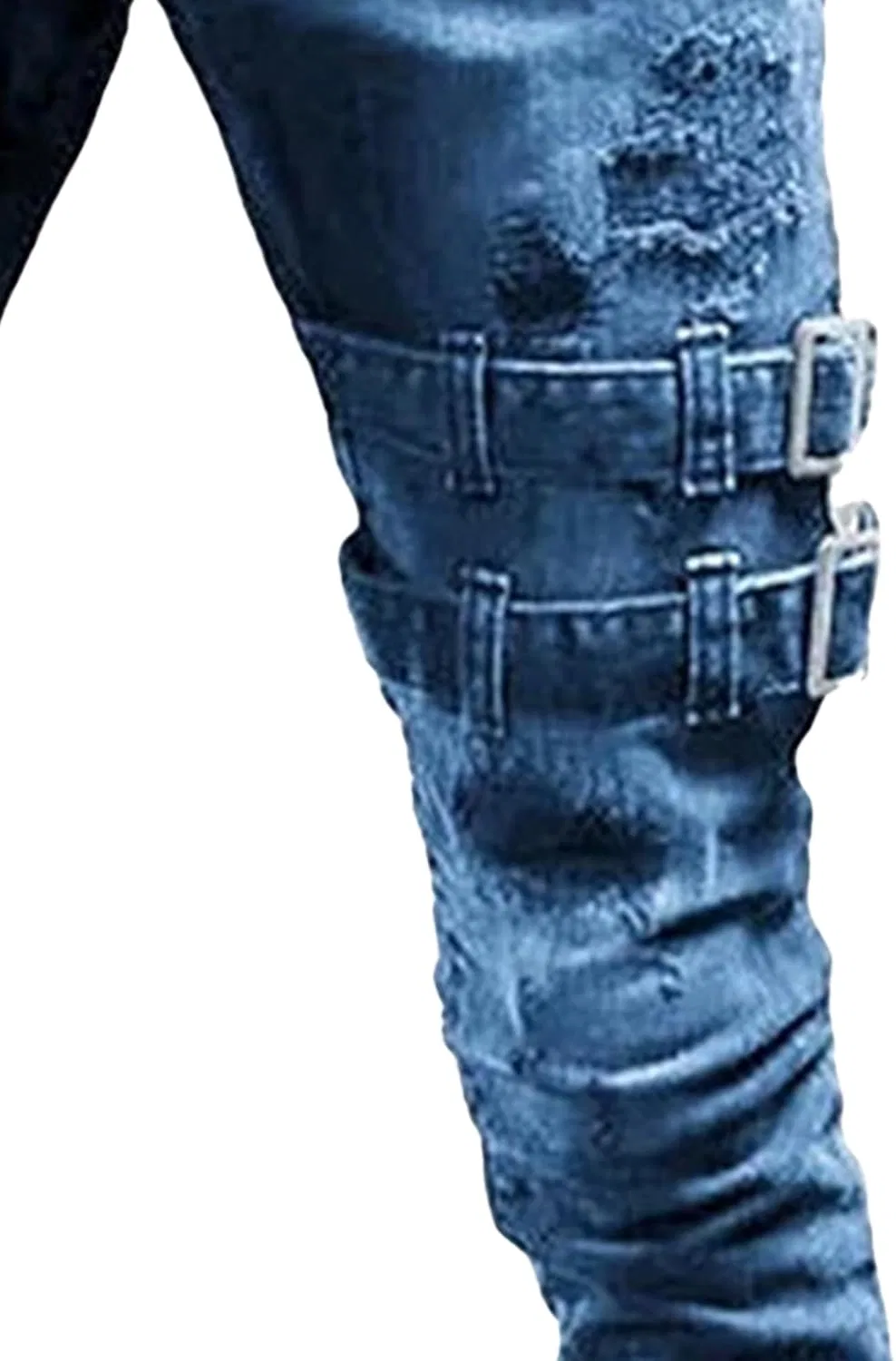 Джинсы мужские с потертостями, панк-байкерский стиль, Washed Blue — фото 4