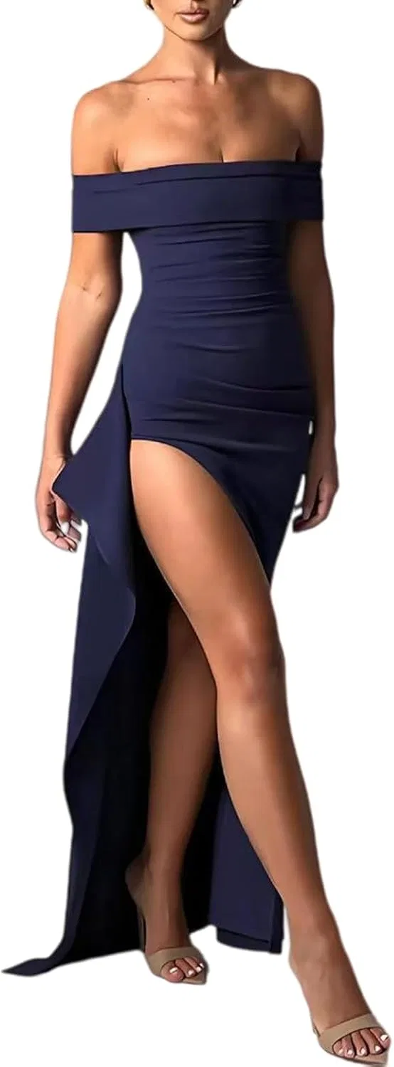 Платье Off Shoulder для женщин летнее безрукавное длинное для гостей на свадьбу коктейльное 2026 S~XL Generic, темно-синий