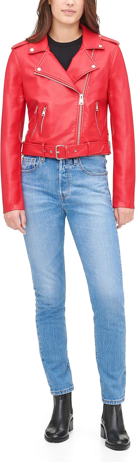 Женская байкерская куртка Levi's из искусственной кожи с поясом (стандартный и большой размер), Red — фото 3