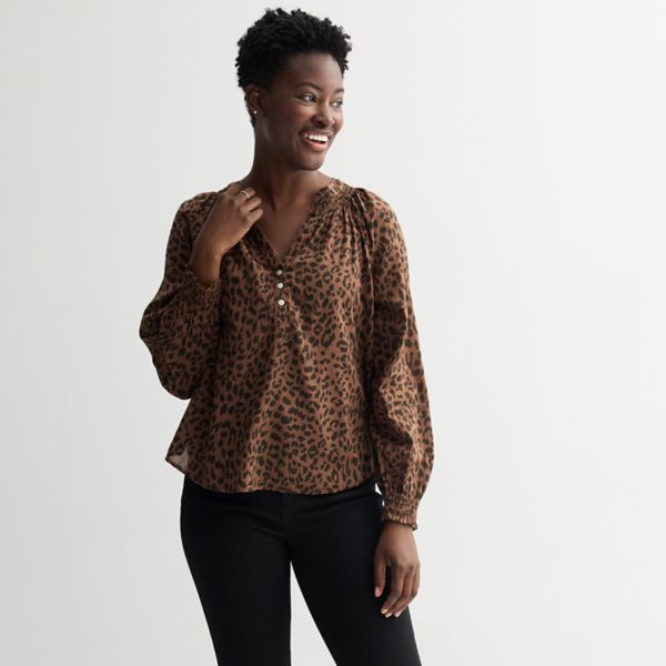 

Женская блузка с манжетами и сборками Henley Sonoma Goods For Life, цвет black brown cheetah
