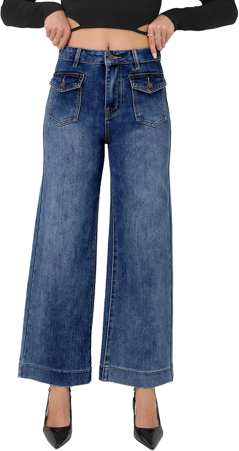 

Прямые джинсы для женщин Mid Waisted Stretchy Loose с карманами ACTIFORTERRAS