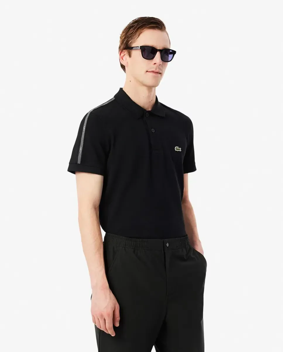 Lacoste Мужская полосатая футболка-поло с логотипом, прямой крой, черного цвета, с короткими рукавами