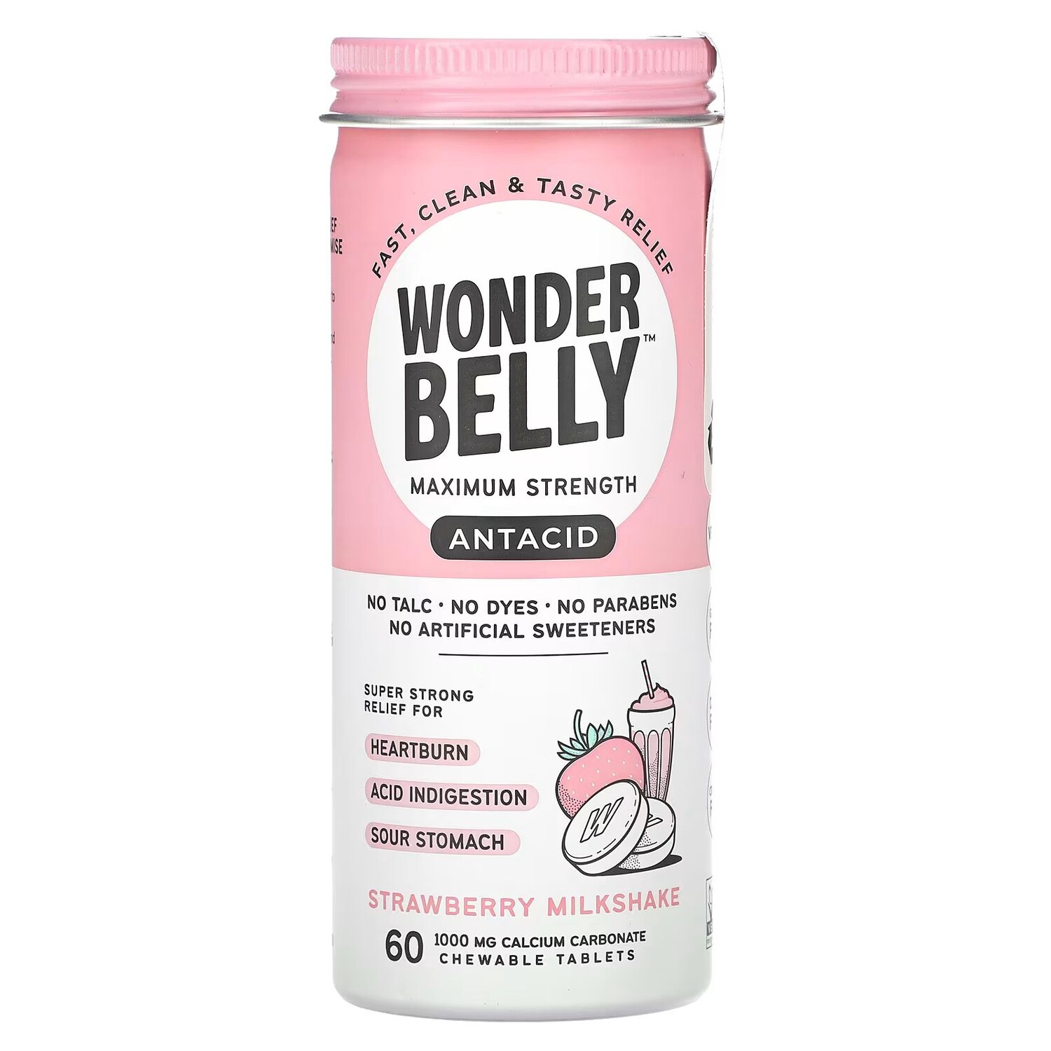 

Антацид, клубничный молочный коктейль, 60 жевательных таблеток Wonderbelly