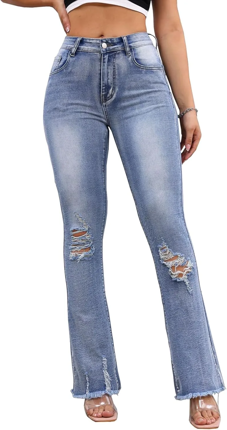 

Растягивающиеся рваные расклешенные джинсы для женщин high waisted slim fit HBER