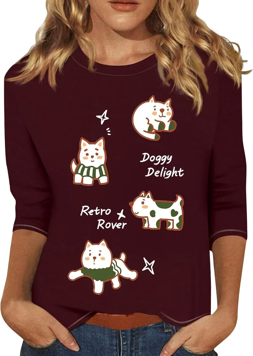 

Летний топ для женщин Cute Crewneck с 2D принтом, Casual, свободный, с 3/4 рукавом FQZWONG