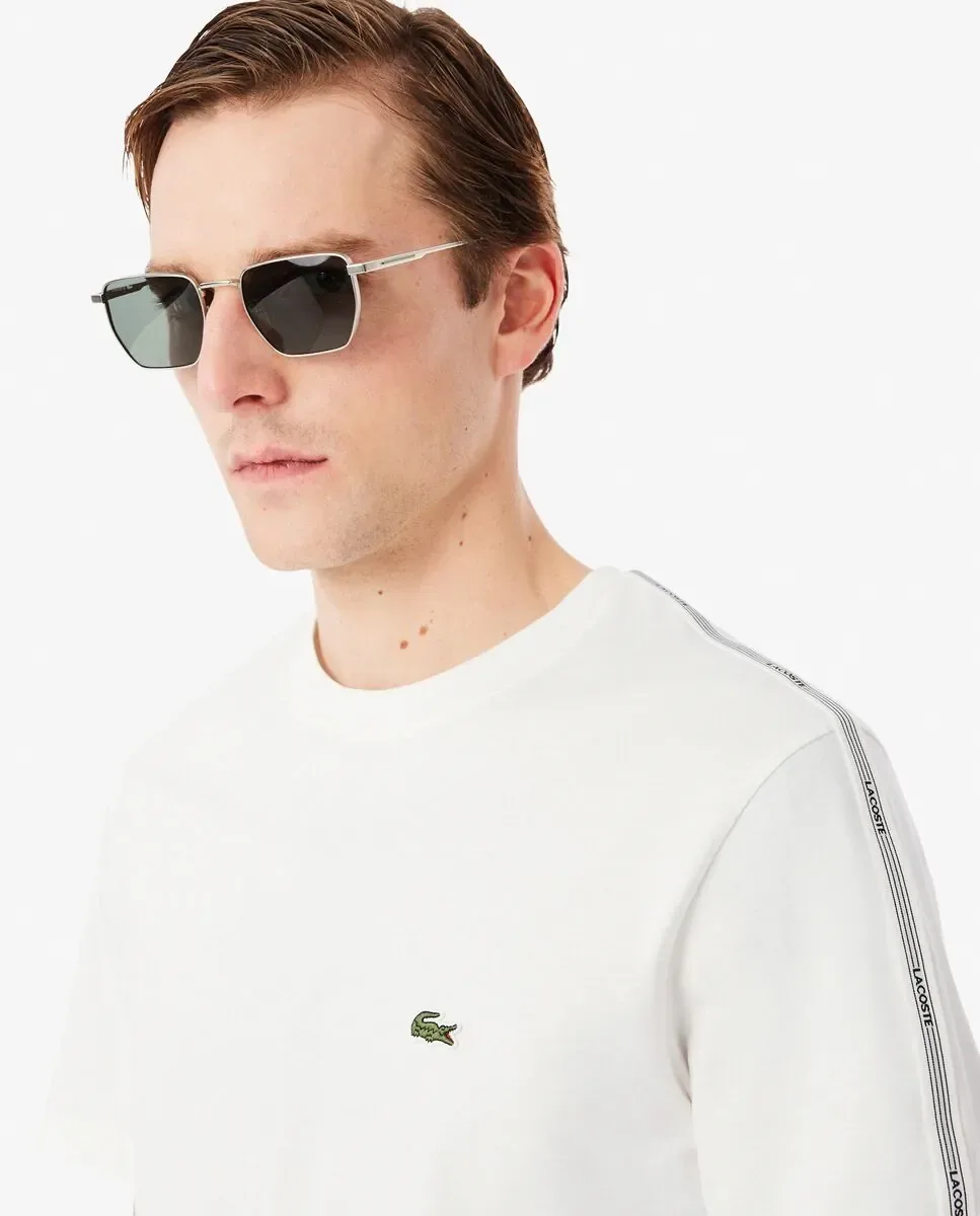 Lacoste Мужская футболка с полоской бренда на белом фоне, короткий рукав, белая — фото 3