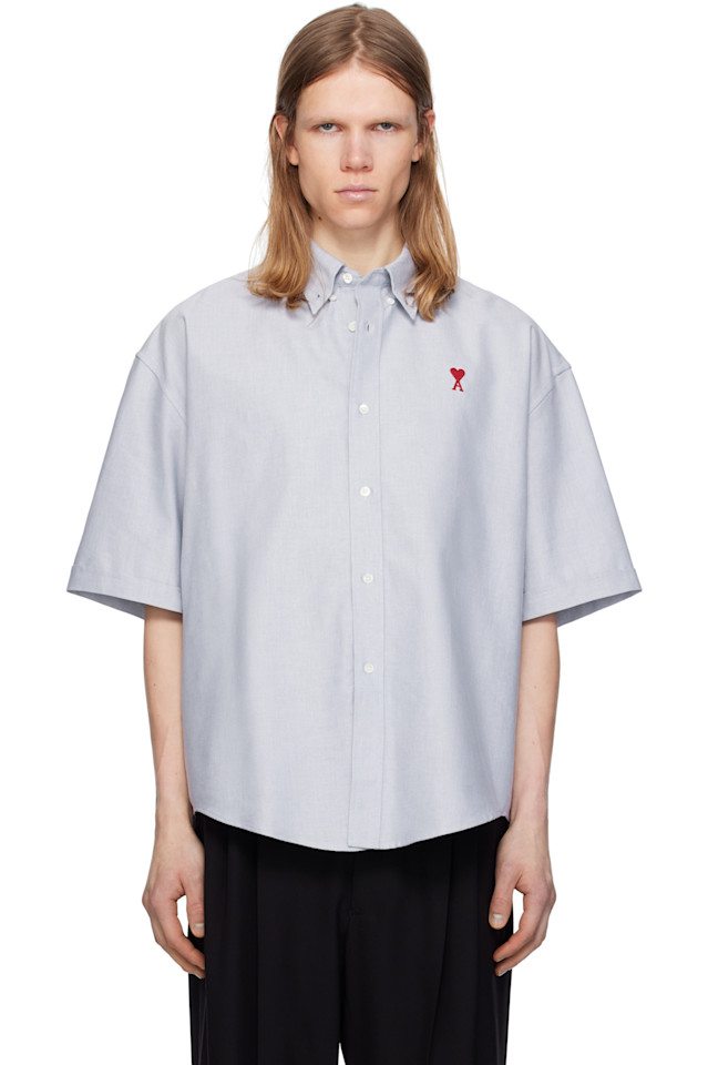 

Хлопковая рубашка с коротким рукавом и прямым кроем Ami Paris, синий