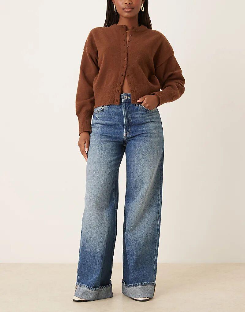 

Джинсы Mango Cotton с широкими штанинами и отворотами, средне-синего цвета