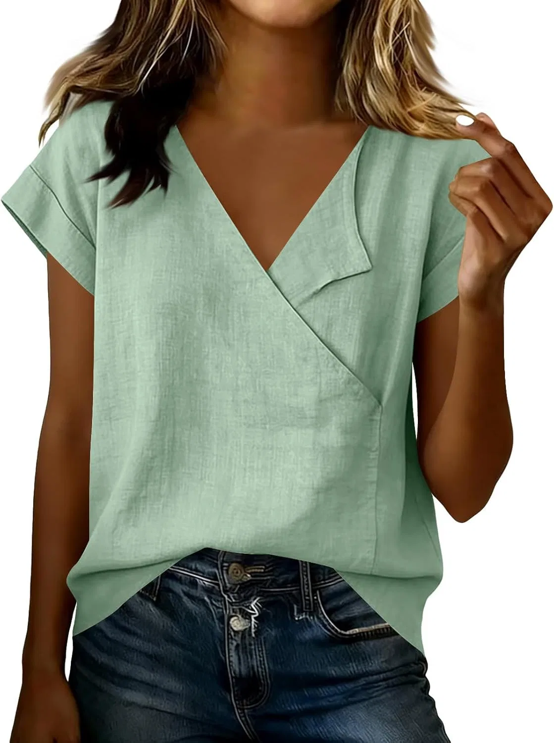 Блуза с запахом и V-образным вырезом, Cotton Linen, Mint Green, свободный крой