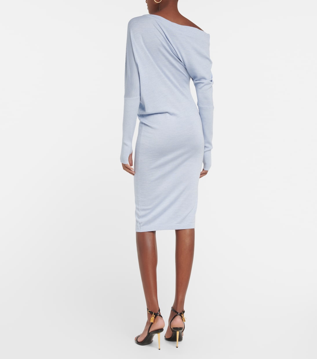 Платье миди из кашемира и шелка на одно плечо Tom Ford, Pale Blue — фото 3