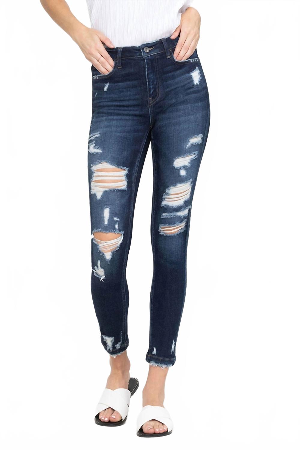 

Хайли высокие зауженные джинсы с потертостями в синем цвете VERVET BY FLYING MONKEY