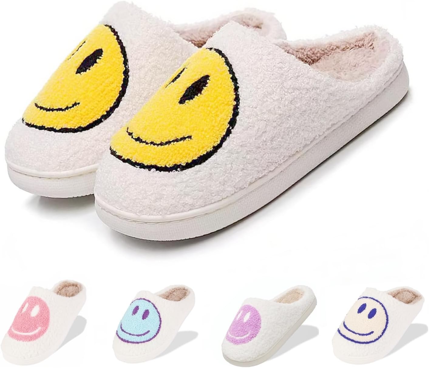 

Домашние тапочки LINWIND с мягкой подошвой для женщин и мужчин, милые ретро-тапочки с улыбающимся лицом, плюшевые тапочки с эффектом памяти для женщин, для дома и улицы, уютные модные тапочки без задника, белый